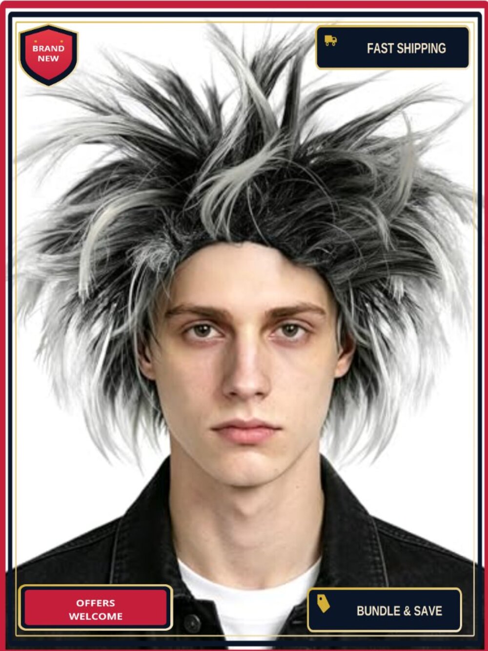 Black White Spiky Wig with Wig Cap for Cosplay Halloween Party